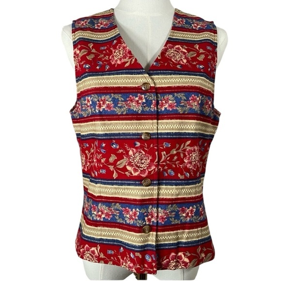 Talbots Jackets & Blazers - Vtg Talbots Red Floral Striped Button Up Vest Size Small